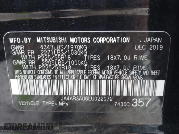2020 Mitsubishi Outlander Sport ES 2.0 with VIN JA4AR3AU6LU022072, listed as a IAAI auction lot 41880790 with 86,462 mi miles. Bid and sale history available at carsss.com. Image 9.