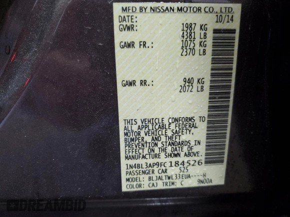 2015 Nissan Altima SL с VIN 1N4BL3AP9FC184526, выставлен на аукционе Copart как лот 59479665 с пробегом 100 529 миль миль и Списание • Salvage title. История ставок и продаж доступна на DreamBid. Изображение 13.