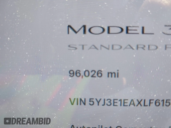 2020 Tesla Model 3 Standard Range Plus with VIN 5YJ3E1EAXLF615781, listed as a IAAI auction lot 42068935 with 96,026 mi miles. Bid and sale history available at carsss.com. Image 15.