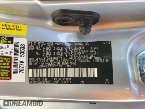 2012 Toyota Sienna with VIN 5TDKA3DC1CS012509, listed as a Copart auction lot 49906955 with 141,745 mi miles and Salvage Title. Bid and sale history available at DreamBid. Image 16.