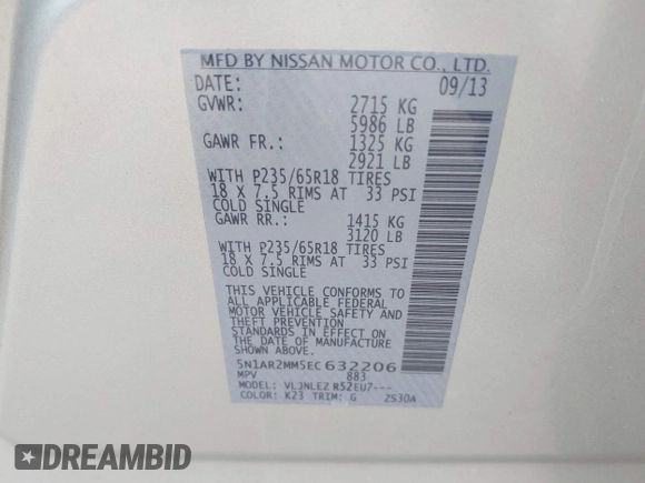 2014 Nissan Pathfinder S z VIN 5N1AR2MM5EC632206, wystawiony jako IAAI lot #42815281 z przebiegiem 109 569 mil mil oraz . Historia ofert i sprzedaży dostępna na DreamBid. Obrazek 9.