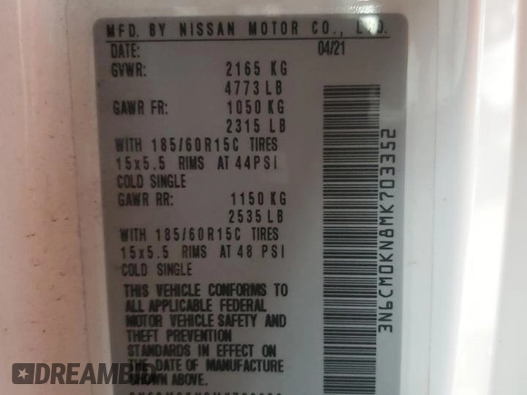 2021 Nissan NV200 SV with VIN 3N6CM0KN8MK703352, listed as a Copart auction lot 60914035 with 186,576 mi miles and Clean title. Bid and sale history available at DreamBid. Image 13.
