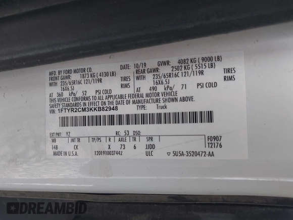 2019 Ford Transit с VIN 1FTYR2CM3KKB82948, выставлен на аукционе IAAI как лот 42338601 с пробегом 42 844 миль миль и . История ставок и продаж доступна на DreamBid. Изображение 9.