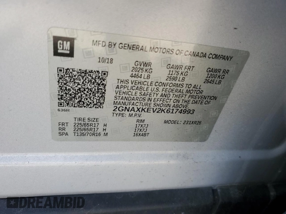 2019 Chevrolet Equinox LT with VIN 2GNAXKEV2K6174993, listed as a Copart auction lot 43117945 with 139,835 mi miles and Non Repairable. Bid and sale history available at carsss.com. Image 13.
