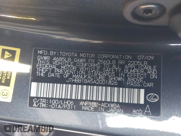 2010 Lexus HS 250h with VIN JTHBB1BA5A2001826, listed as a IAAI auction lot 41446582 with 197,871 mi miles and . Bid and sale history available at DreamBid. Image 9.