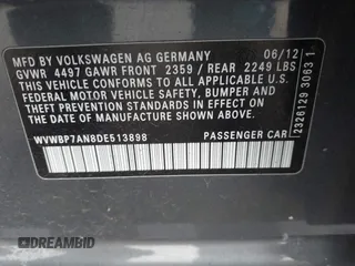 2013 Volkswagen CC Sport with VIN WVWBP7AN8DE513898, listed as a IAAI auction lot 41694857 with 67,440 mi miles. Bid and sale history available at carsss.com. Image 9.