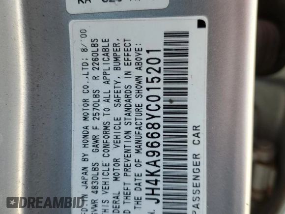 2000 Acura RL w/Navigation System with VIN JH4KA9668YC015201, listed as a Copart auction lot 75046704 with Not Provided miles and Salvage Title. Bid and sale history available at DreamBid. Image 12.
