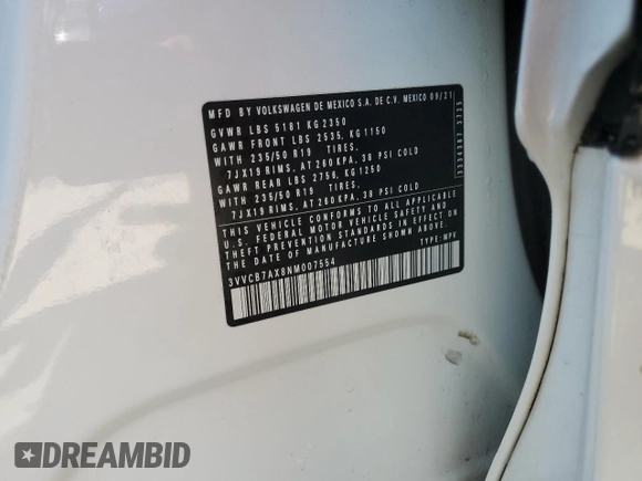 2022 Volkswagen Tiguan SE R-Line Black с VIN 3VVCB7AX8NM007554, выставлен на аукционе Copart как лот 59769555 с пробегом 65 679 миль миль и Списание • Salvage title. История ставок и продаж доступна на DreamBid. Изображение 14.