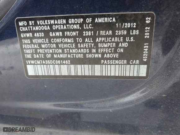 2013 Volkswagen Passat SEL Premium with VIN 1VWCM7A35DC061462, listed as a IAAI auction lot 41767171 with 163,708 mi miles. Bid and sale history available at carsss.com. Image 9.