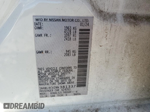 2024 Nissan Altima SR with VIN 1N4BL4CV2RN381337, listed as a Copart auction lot 50730065 with Not provided miles and Salvage title. Bid and sale history available at DreamBid. Image 13.
