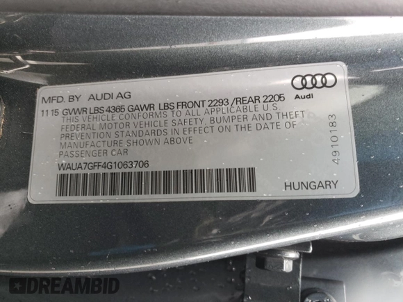 2016 Audi A3 1.8T Premium with VIN WAUA7GFF4G1063706, listed as a Copart auction lot 66854692 with 88,074 mi miles. Bid and sale history available at carsss.com. Image 10.
