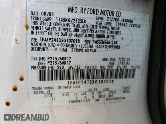 2005 Ford Five Hundred SEL z VIN 1FAFP24135G107018, wystawiony jako Copart lot #48006305 z przebiegiem 113 760 mil mil oraz Szkoda całkowita • Salvage title. Historia ofert i sprzedaży dostępna na DreamBid. Obrazek 12.