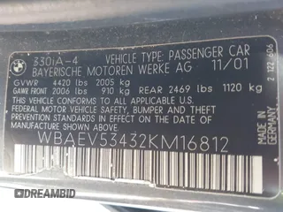 2002 BMW 3 Series 330i with VIN WBAEV53432KM16812, listed as a IAAI auction lot 41500999 with 162,817 mi miles and . Bid and sale history available at DreamBid. Image 9.