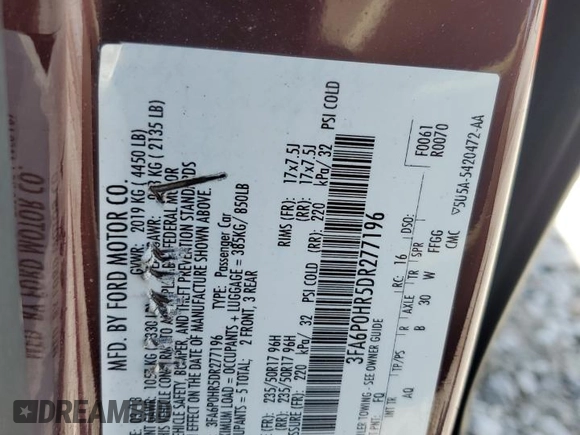 2013 Ford Fusion SE with VIN 3FA6P0HR5DR277196, listed as a Copart auction lot 51083015 with 0 mi miles and Salvage Title. Bid and sale history available at carsss.com. Image 12.