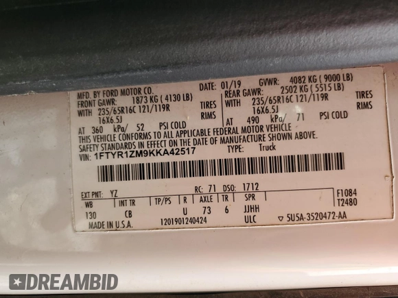 2019 Ford Transit z VIN 1FTYR1ZM9KKA42517, wystawiony jako Copart lot #47355825 z przebiegiem Nie podano mil oraz Szkoda całkowita • Salvage title. Historia ofert i sprzedaży dostępna na DreamBid. Obrazek 15.