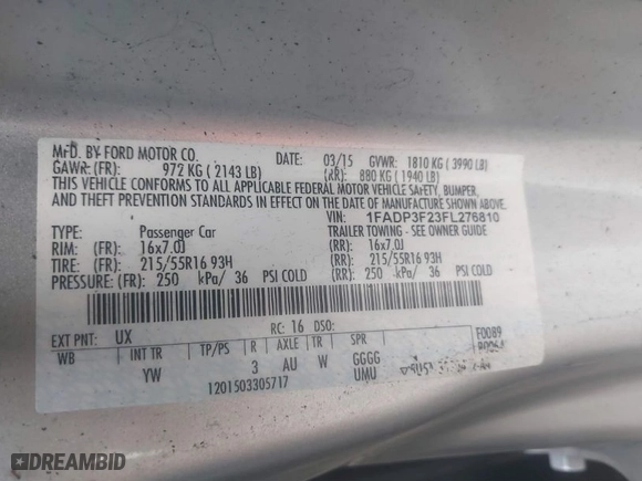 2015 Ford Focus SE with VIN 1FADP3F23FL276810, listed as a IAAI auction lot 41799093 with 127,048 mi miles. Bid and sale history available at carsss.com. Image 9.