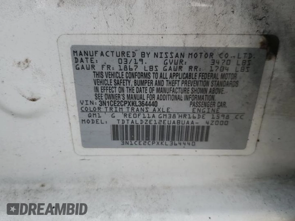 2019 Nissan Note SV z VIN 3N1CE2CPXKL364440, wystawiony jako Copart lot #63242975 z przebiegiem Nie podano mil oraz Czysty tytuł • Clean title. Historia ofert i sprzedaży dostępna na DreamBid. Obrazek 12.