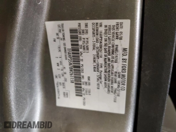 2008 Ford Focus SE with VIN 1FAHP35N78W261158, listed as a Copart auction lot 45799285 with 211,190 mi miles and Non Repairable. Bid and sale history available at DreamBid. Image 12.