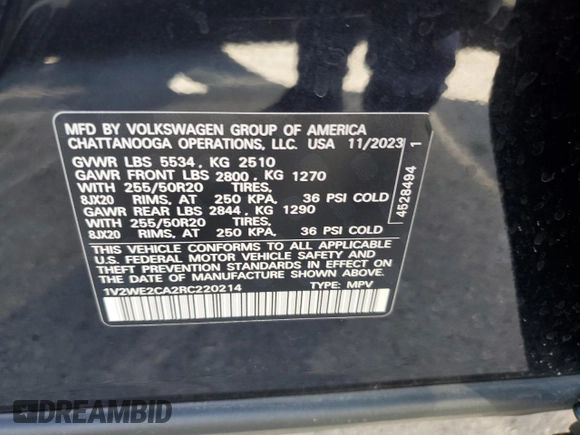 2024 Volkswagen Atlas SE with VIN 1V2WE2CA2RC220214, listed as a Copart auction lot 56092105 with 35,083 mi miles and Salvage title. Bid and sale history available at DreamBid. Image 13.
