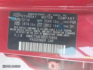 2014 Hyundai Accent GS with VIN KMHCT5AE9EU174866, listed as a IAAI auction lot 41948180 with 117,985 mi miles. Bid and sale history available at carsss.com. Image 9.
