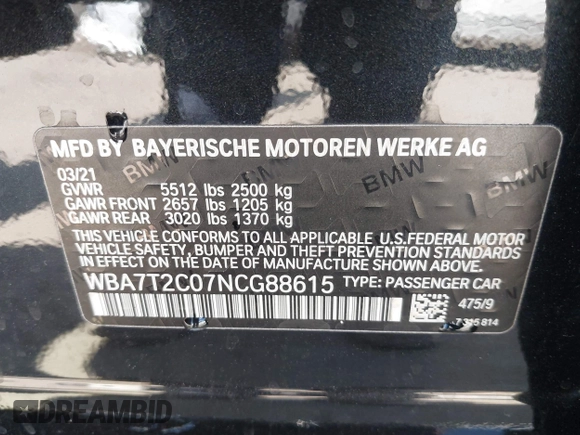 2022 BMW 7 Series 740i with VIN WBA7T2C07NCG88615, listed as a IAAI auction lot 39972481 with 76,169 mi miles. Bid and sale history available at carsss.com. Image 9.