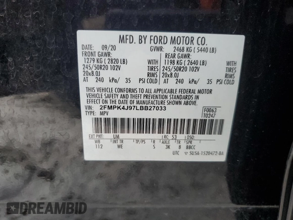 2020 Ford Edge SEL with VIN 2FMPK4J97LBB27033, listed as a Copart auction lot 89184665 with 70,477 mi miles and Salvage Title. Bid and sale history available at carsss.com. Image 14.