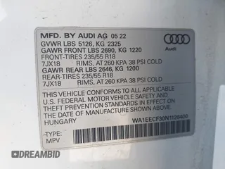 2022 Audi Q3 S line Premium Plus z VIN WA1EECF30N1126400, wystawiony jako IAAI lot #41822175 z przebiegiem 28 850 mil mil oraz . Historia ofert i sprzedaży dostępna na DreamBid. Obrazek 9.