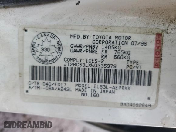 1998 Toyota Tercel z VIN JT2BC53LXW0335979, wystawiony jako Copart lot #46542655 z przebiegiem 275 340 mil mil oraz Nie do naprawy • Non repairable. Historia ofert i sprzedaży dostępna na DreamBid. Obrazek 13.