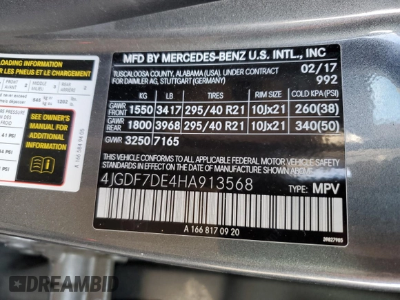 2017 Mercedes-Benz GLS 550 with VIN 4JGDF7DE4HA913568, listed as a Copart auction lot 38857264 with 78,848 mi miles and . Bid and sale history available at DreamBid. Image 16.