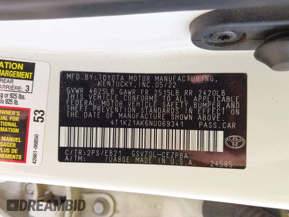 2022 Toyota Camry TRD with VIN 4T1KZ1AK6NU069341, listed as a IAAI auction lot 41881252 with 55,871 mi miles and . Bid and sale history available at DreamBid. Image 9.