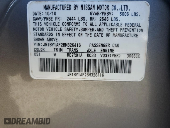 2011 Infiniti M37 with VIN JN1BY1AP2BM326416, listed as a Copart auction lot 81486964 with 168,804 mi miles and Salvage Title. Bid and sale history available at carsss.com. Image 12.