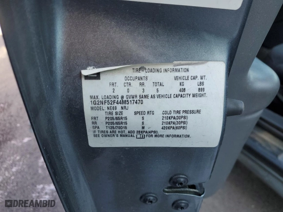 2004 Pontiac Grand Am SE1 with VIN 1G2NF52F44M517470, listed as a Copart auction lot 88480615 with 198,642 mi miles and Salvage Title. Bid and sale history available at carsss.com. Image 14.