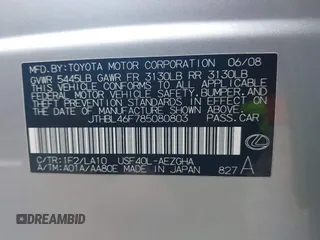 2008 Lexus LS 460 with VIN JTHBL46F785080803, listed as a IAAI auction lot 42484562 with 125,398 mi miles and . Bid and sale history available at DreamBid. Image 9.