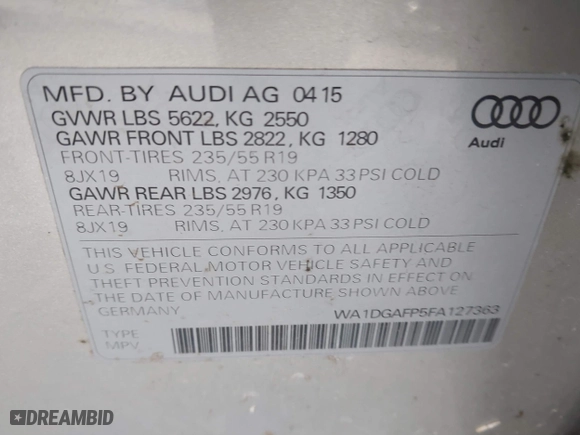 2015 Audi Q5 Premium Plus with VIN WA1DGAFP5FA127363, listed as a IAAI auction lot 41361233 with 112,555 mi miles. Bid and sale history available at carsss.com. Image 9.