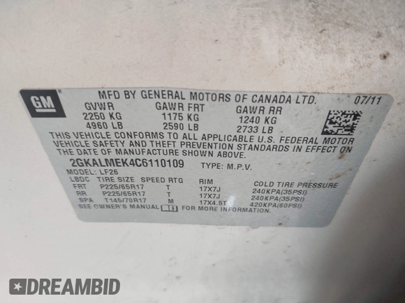 2012 GMC Terrain SLE-1 с VIN 2GKALMEK4C6110109, выставлен на аукционе IAAI как лот 42369680 с пробегом 145 857 миль миль и . История ставок и продаж доступна на DreamBid. Изображение 9.