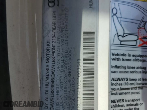 2014 Audi TT Premium Plus with VIN TRUSFAFK0E1003543, listed as a Copart auction lot 44124635 with 122,270 mi miles and Salvage title. Bid and sale history available at DreamBid. Image 13.