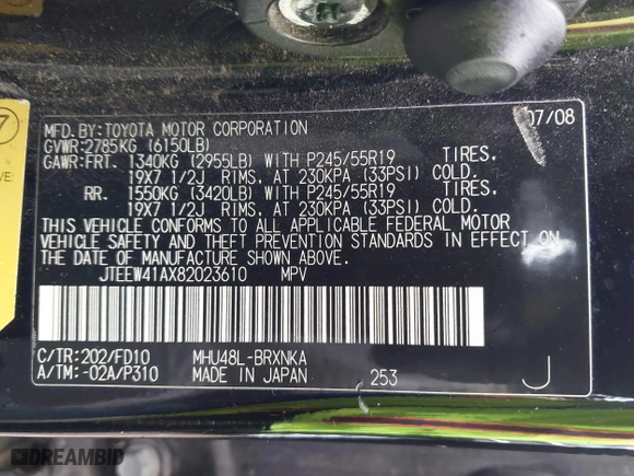 2008 Toyota Highlander Hybrid with VIN JTEEW41AX82023610, listed as a IAAI auction lot 41905788 with 277,370 mi miles. Bid and sale history available at carsss.com. Image 9.