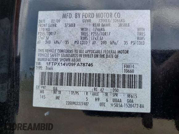 2009 Ford F-150 XL with VIN 1FTPX14V09FA78746, listed as a Copart auction lot 64223905 with 228,763 mi miles and Clean title. Bid and sale history available at DreamBid. Image 12.