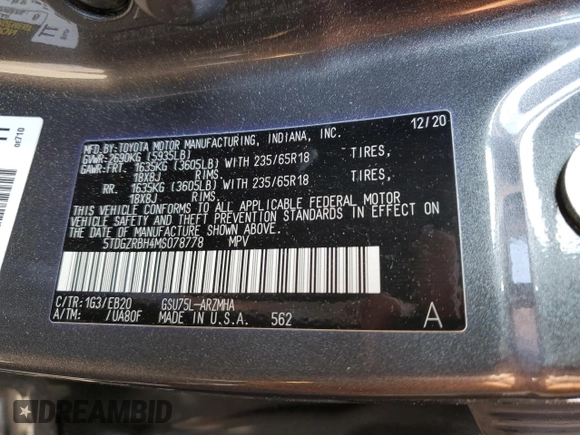 2021 Toyota Highlander XLE with VIN 5TDGZRBH4MS078778, listed as a Copart auction lot 56496855 with 35,563 mi miles and Salvage title. Bid and sale history available at DreamBid. Image 14.