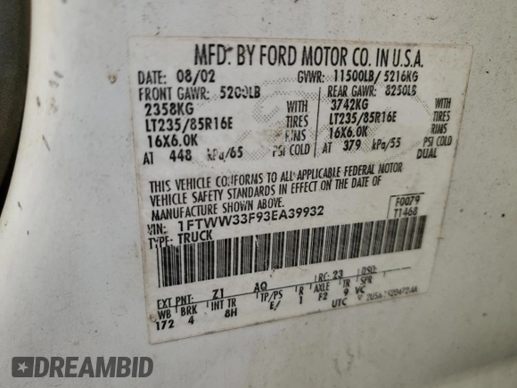 2003 Ford F-350 XL with VIN 1FTWW33F93EA39932, listed as a Copart auction lot 82341464 with 338,158 mi miles and Salvage Title. Bid and sale history available at DreamBid. Image 14.