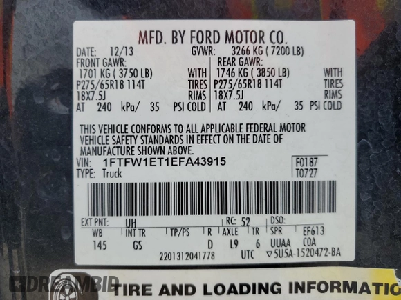 2014 Ford F-150 XL with VIN 1FTFW1ET1EFA43915, listed as a Copart auction lot 53135585 with 176,680 mi miles and Salvage title. Bid and sale history available at DreamBid. Image 14.