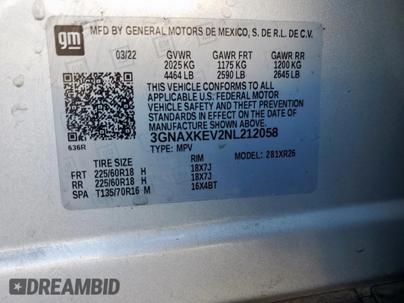 2022 Chevrolet Equinox LT with VIN 3GNAXKEV2NL212058, listed as a Copart auction lot 50015495 with 44,651 mi miles and Salvage Title. Bid and sale history available at DreamBid. Image 13.