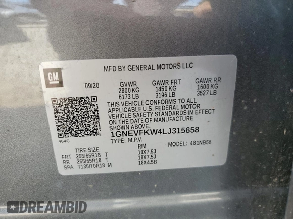 2020 Chevrolet Traverse LS with VIN 1GNEVFKW4LJ315658, listed as a Copart auction lot 55721495 with 80,808 mi miles and Salvage title. Bid and sale history available at DreamBid. Image 13.