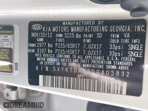 2013 Kia Sorento LX with VIN 5XYKTDA65DG405832, listed as a IAAI auction lot 41811700 with 154,167 mi miles and . Bid and sale history available at DreamBid. Image 9.