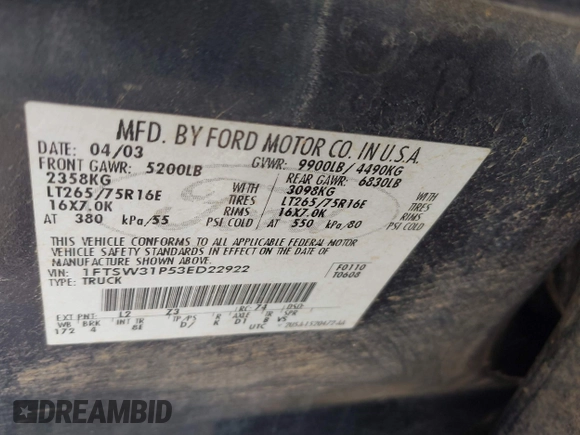 2003 Ford F-350 XL with VIN 1FTSW31P53ED22922, listed as a IAAI auction lot 42086364 with 310,073 mi miles and . Bid and sale history available at DreamBid. Image 9.
