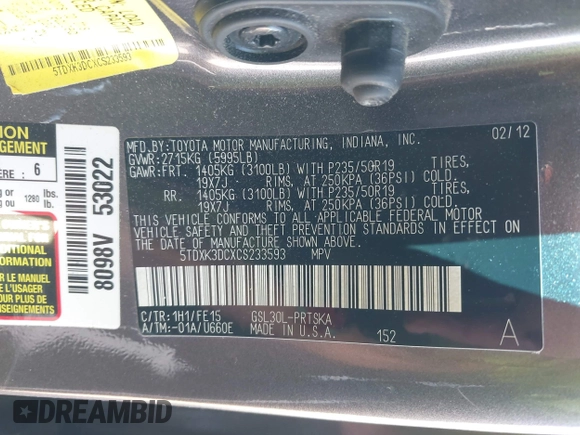 2012 Toyota Sienna SE with VIN 5TDXK3DCXCS233593, listed as a IAAI auction lot 41959611 with 85,558 mi miles. Bid and sale history available at carsss.com. Image 9.