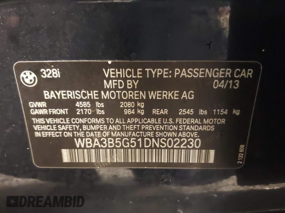 2013 BMW 3 Series 328i xDrive with VIN WBA3B5G51DNS02230, listed as a IAAI auction lot 41237054 with 89,704 mi miles. Bid and sale history available at carsss.com. Image 9.