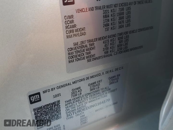 2022 GMC Sierra 1500 SLT z VIN 3GTU9DED2NG164170, wystawiony jako Copart lot #58063635 z przebiegiem 69 148 mil mil oraz Szkoda całkowita • Salvage title. Historia ofert i sprzedaży dostępna na DreamBid. Obrazek 13.