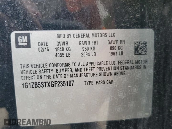 2016 Chevrolet Malibu LS with VIN 1G1ZB5STXGF235107, listed as a Copart auction lot 52732905 with 162,179 mi miles and Non repairable. Bid and sale history available at DreamBid. Image 12.