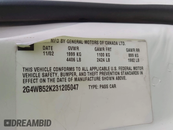2003 Buick Regal LS with VIN 2G4WB52K231205047, listed as a IAAI auction lot 42145775 with 163,734 mi miles and . Bid and sale history available at DreamBid. Image 9.